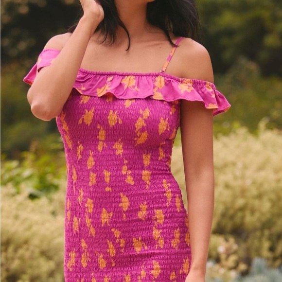 Anthropologie Celandine Off The Shoulder Smocked Pink Orange Midi Dress Size XL - Picture 3 of 10